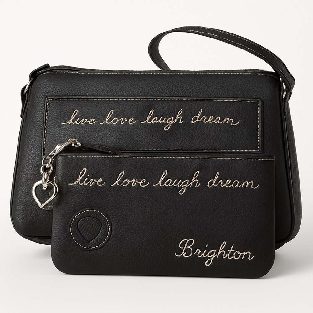 2 Pc. Brighton Black Leather Shoulder Bag and Wallet Matching Set - Picture 1 of 5
